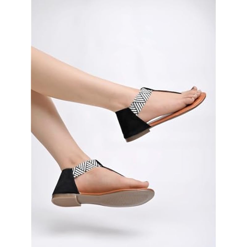 

Shoetopia Women S Ethnic Style T-Strap Sandals Black Chevron Ankle Strap Flats For Casual & Festive Comfortable & Stylis 8 UK