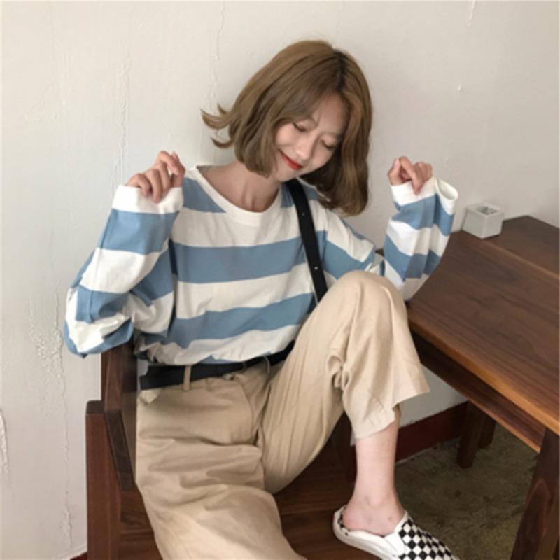 Damen Lockere Koreanischer Stil Gestreifte Langarm Pullover Basis T-Shirt