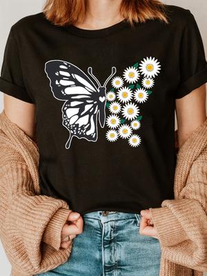 Butterfly Print T-Shirt, Short Sleeve Crew Neck Casual Top for Summer And Spring, Women'S Clothing