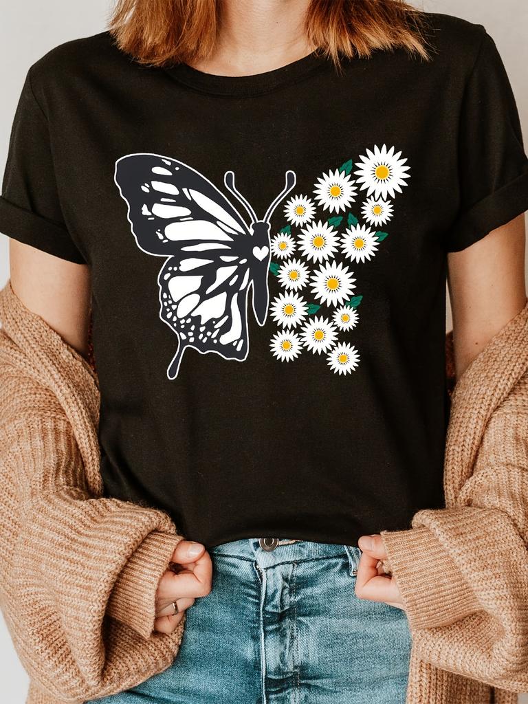 Butterfly Print T-Shirt, Short Sleeve Crew Neck Casual Top for Summer And Spring, Women'S Clothing