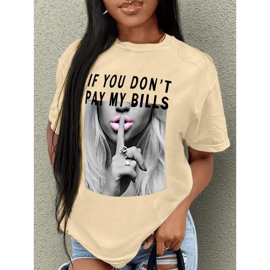 Streetwear Letters 3d Print Round Neck Short Sleeved T-shirt for Women Breathable Polyester Stretch Comfortable for Everyday