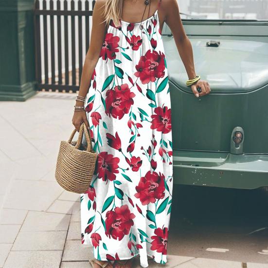 Women Long Slip Dress Breathable Summer Floral Print Casual Sleeveless Dress Spaghetti Strap Loose Swing Hem Ankle Length Beach Dress