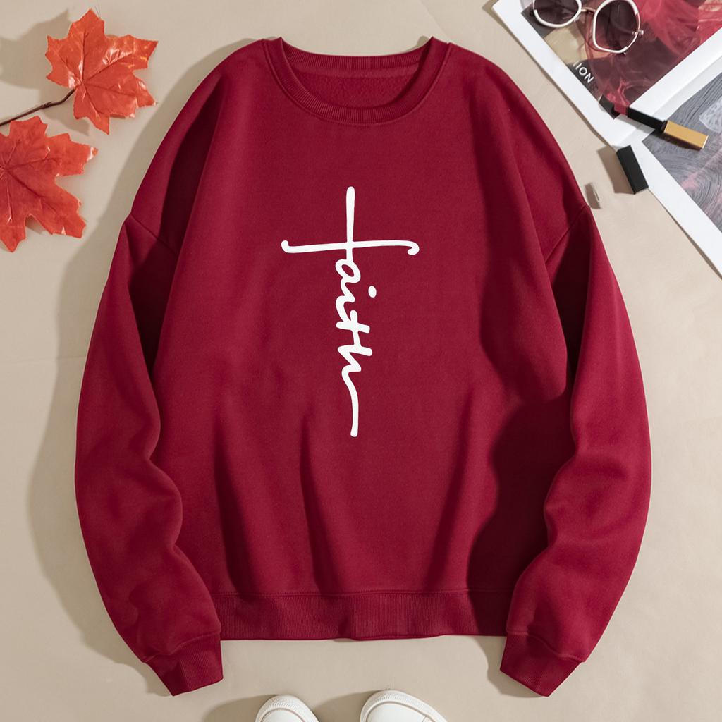 Autumn Letter "Faith" Cross Printed Hoodies Fashionable Casual Sports Long Sleeved Women's Hoodies