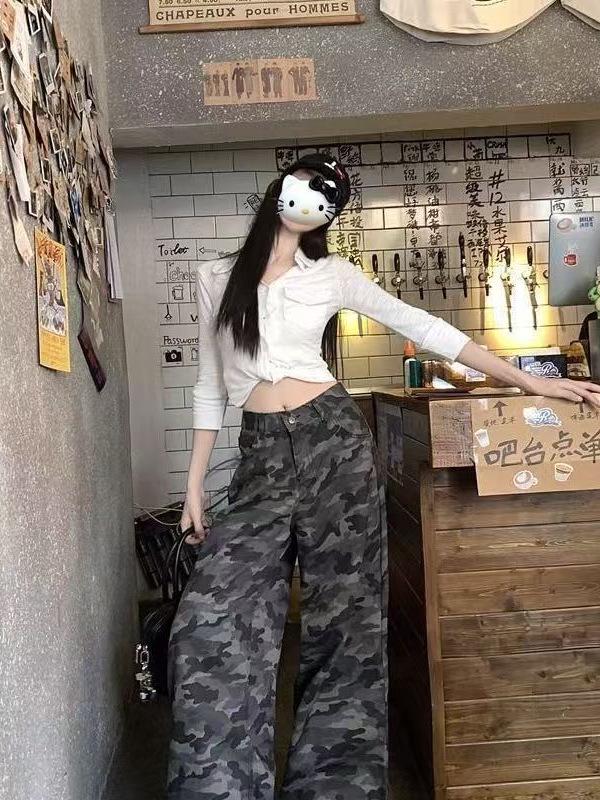 Spring Women's Plus Size American Camouflage Loose-Fit High-Waisted Wide-Leg Jeans