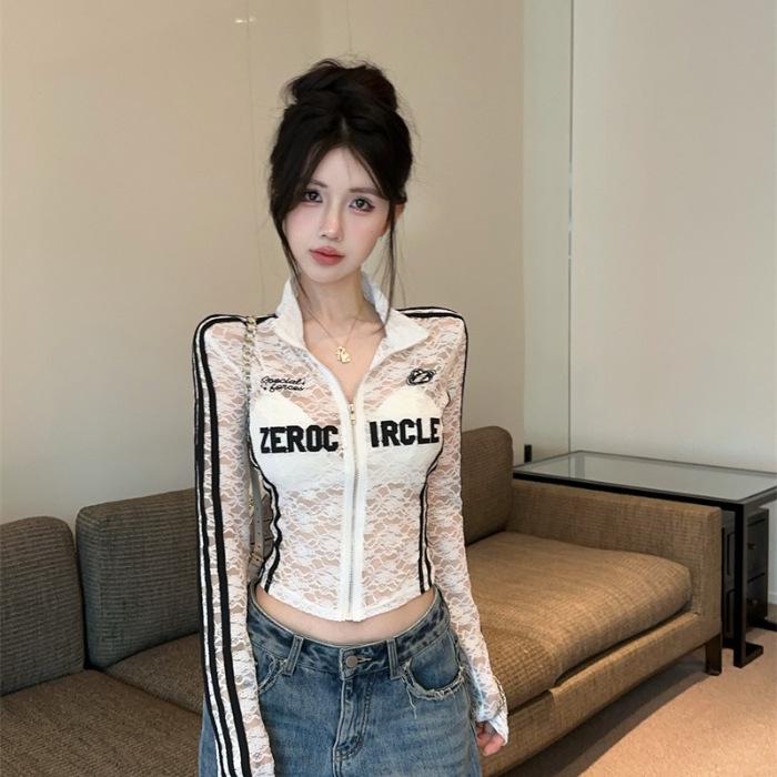 Retro Lace Zipper Cardigan: Slim Fit Stand Collar Long Sleeve Sun Protection Top Large