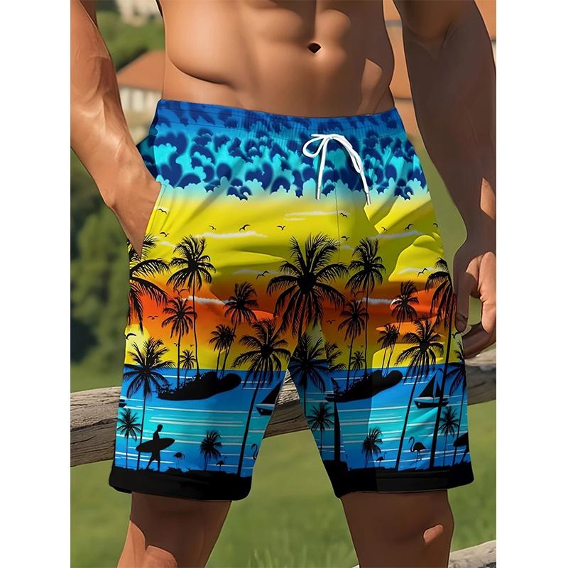 3D Printed Coconut Trees Umbrella Short Pants For Men Colorful Stripes Beach Shorts Summer Hawaiian Board Shorts Swim Trunks