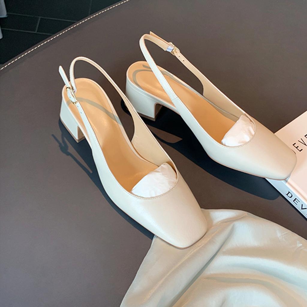 Cowhide version bag head sandals female 2025 new fairy style gentle square head leather medium high heel thick heel empty single shoes