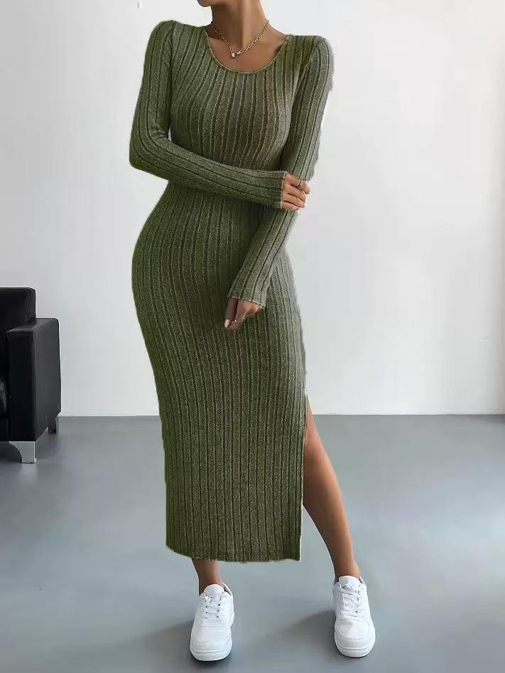 

Womens Light Grey Fitted Knit Long Sleeve Maxi Dress with Round Neck and Side Slit XXL армія зелений колір