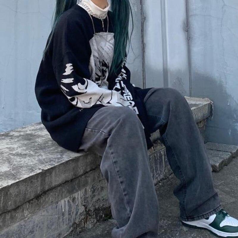 Y2k Gothic Tops Cartoon Bedruckter Rundhals Lockerer Pullover Harajuku Stil Pullover Damen 2D Anime Kleidung