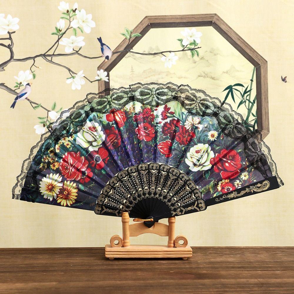 Plastic Ribs Spanish Folding Fan Lace Trim Edge Handheld Fan Elegant Dance Prop Fan Gift