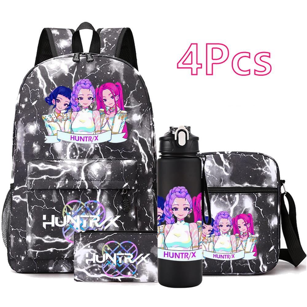 4-teiliges/Set Anime Niedlich K-Pop Bedruckter Rucksack mit 750 ml Wasserflasche für Teenager Schüler Mädchen Junge Schultasche Kindergeschenk Große Kapazität Reisetasche Mochila