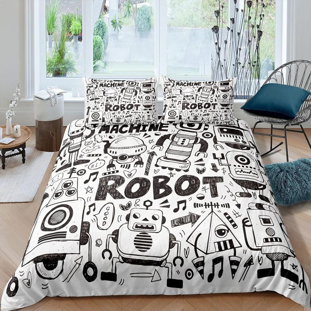 Children Kids Young Boys' King-Sized Dimensionsd Dimensions Beding - Watercolor Robot Soft Duvet Cover Set, 2/3 Pcs Featuring Modern Carton Super