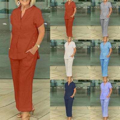 Fashion Cotton Linen Short Sleeved Women Shirt Pants Suit Spring Summer New Simple Casual Pocket Pants Female Office 2 Piece Set