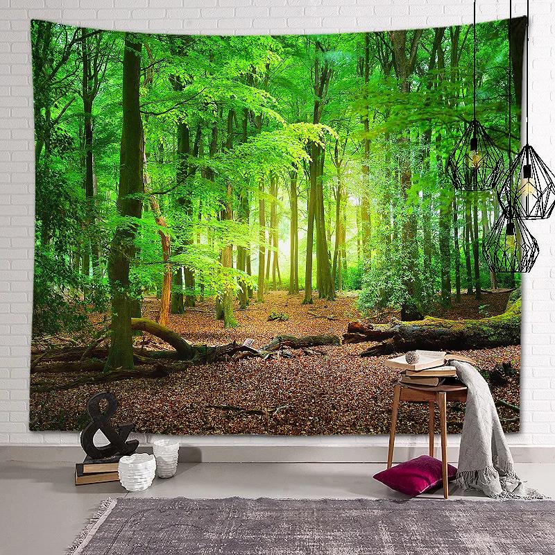 New Landscape Tapestry Tree Hole Window Beautiful Wall Cloth Green Forest  Background Painting