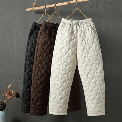 Damen High Waist Elastischer Bund Gesteppte Warme Haremshose Lockere Passform Japanisch Koreanisch Winter Dicke Gerade Bein Baumwollhose