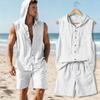Men's New Summer 2pcs Set, Top: Hooded Sleeveless Button-Up Shirt + Bottom: Loose Drawstring Shorts, Casual Sportswear Set