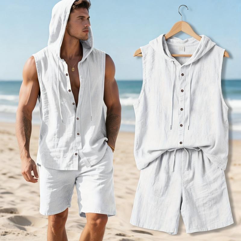 Men's New Summer 2pcs Set, Top: Hooded Sleeveless Button-Up Shirt + Bottom: Loose Drawstring Shorts, Casual Sportswear Set