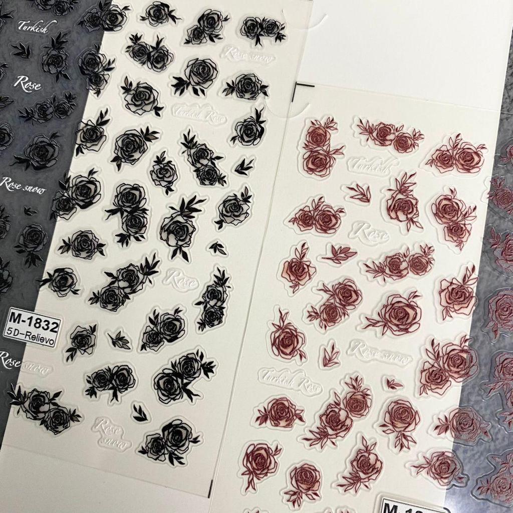 Embossed Black & White Rose Nail Art Stickers - Retro Gradient Floral Design