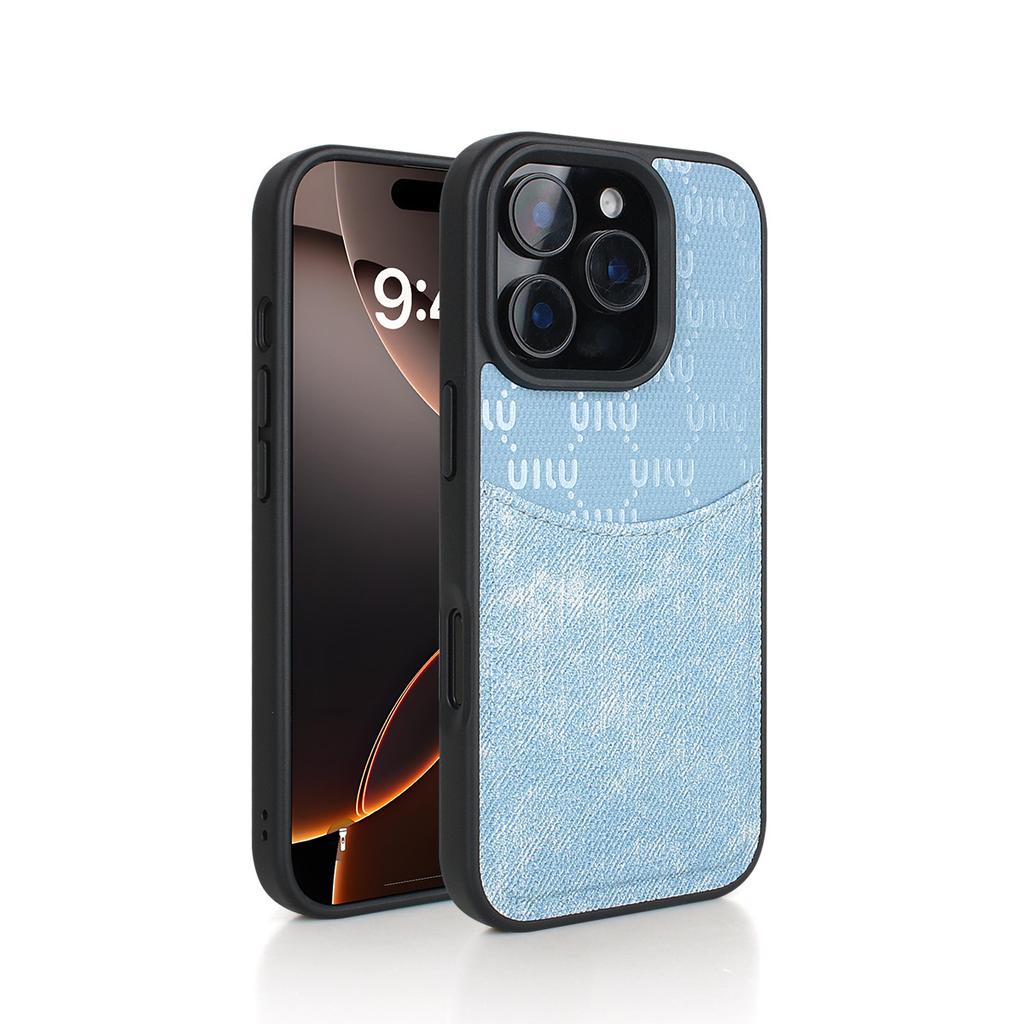 Denim Style Phone Case for Apple iPhone 17 Pro Max - Card Holder Shockproof Denim Fabric Silicone Cover on iPhone