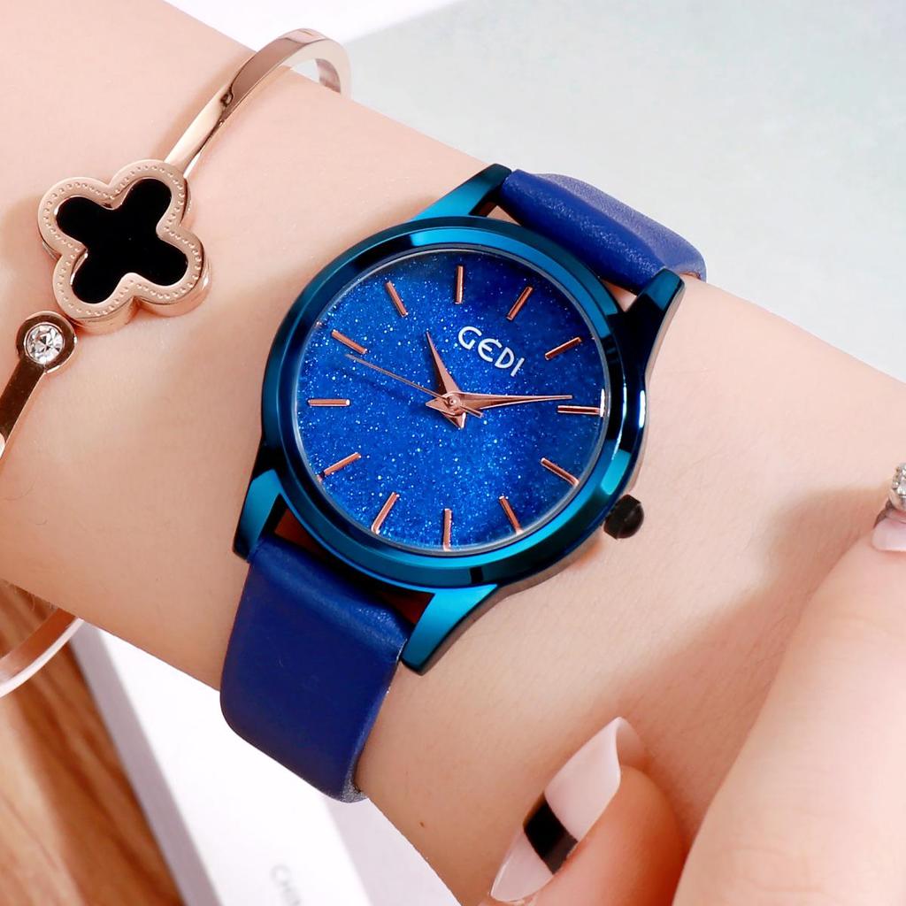 Gedi Fashion Glitter Women's High-End Waterproof Quartz Watch with Leather Strap