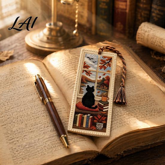 Embroidered Book Page Marker Seasonal Cat Cross-Stitch Bookmark Four Seasons Black Bookmark