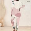 Women Plus Size Navy Blue Gold White Printed Round Neck Long Sleeve Longline Top Fitted Pants Two Piece Set