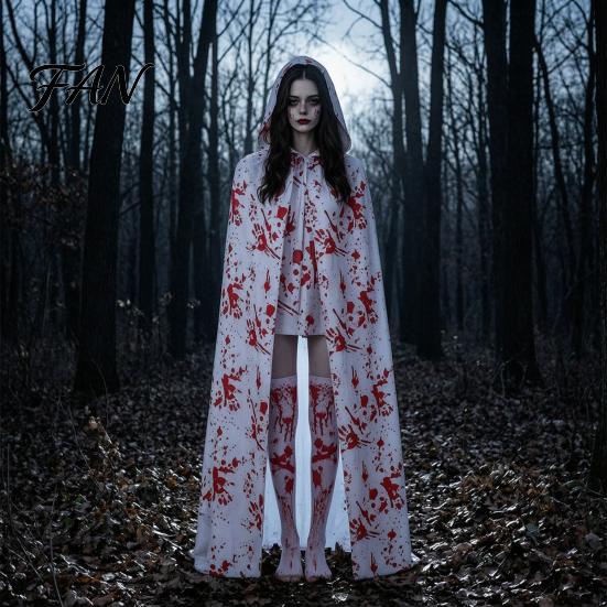 Eye Catching Horror Theme Outfit Halloween Blood Print Costume for Women, Scary Apron, Hooded Zombie Party Dress with Stains Cloak, Stockings Outfits