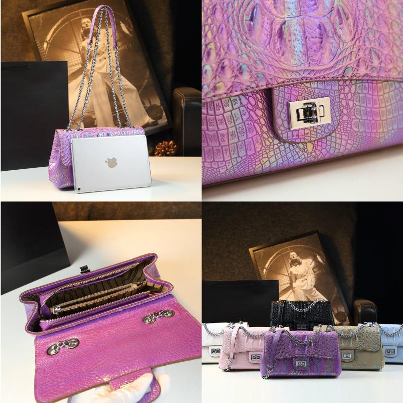 White Crocodile Pattern Women's Bag Big Brand Lock Small Square Bag Fashionable Shoulder Crossbody Bag Chain Bag