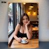 High Definition Tin Painting Woman with Coffee In Black Camisole At Cozy Cafe Vintage Metal Sign Wall Art Decor