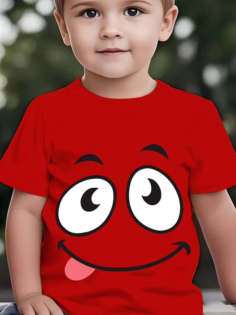 Cute Big Eyes Smiley Face Sticking Tongue Graphic Short Sleeve Tee Funny Cartoon Expression Print Casual Top For Toddler Kids