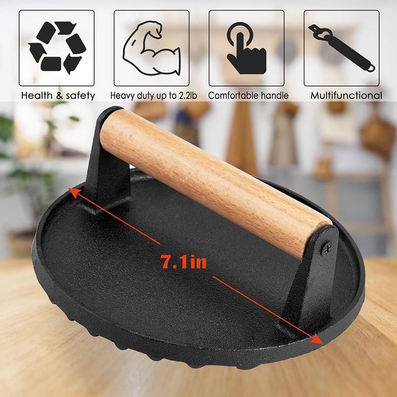 Grill Kjøtt Blekksprut Stekt Biff Barbecue Kjøttpresse Rund Form Støpejern Biffplate Kjøttpresseverktøy