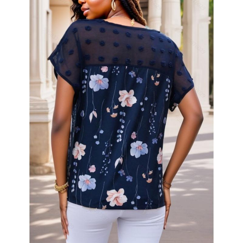 YYFS Women's Fashion Casual Summer Spring Flower Pattern Print Short Sleeve V-Neck Blouses & Shirts