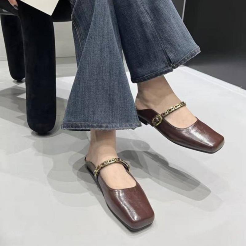 Fashion Spring New Flat Shoes Women's Fashion Square Head Shallow Mouth Metal Chain Soft Sole Anti-slip Wear-resistant Slippers