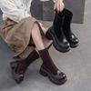 Bottes mi-mollet rétro couleur unie en cuir véritable confortables à semelles épaisses chaussures polyvalentes pour femmes