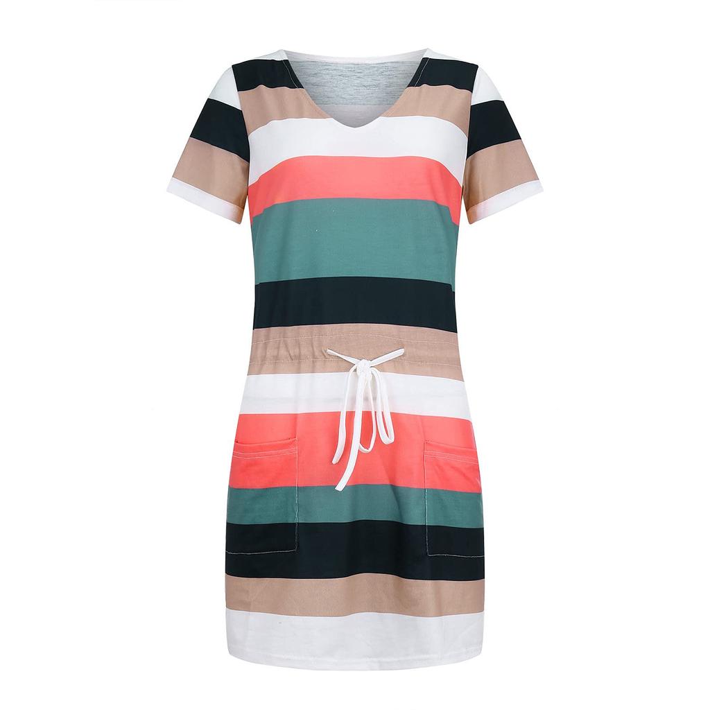 Women Summer Dresses Casual V-Neck Short Sleeve Bandage Stripe Printing Loose Dress