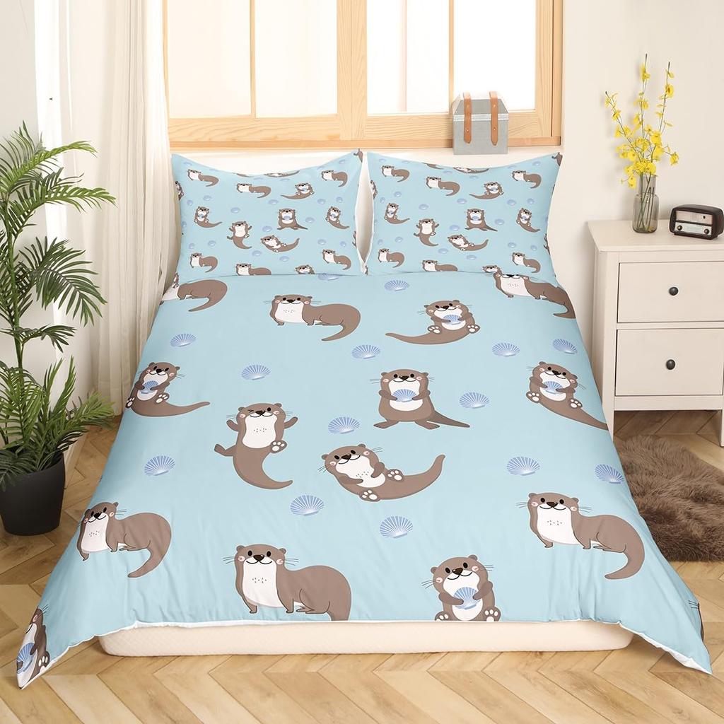 Sea Otter Duvet Cover Set Ocean Creature Otter Toddler Soft Polyester Bedding Set Cute Cartoon Animal Print Comforter Cover Sets