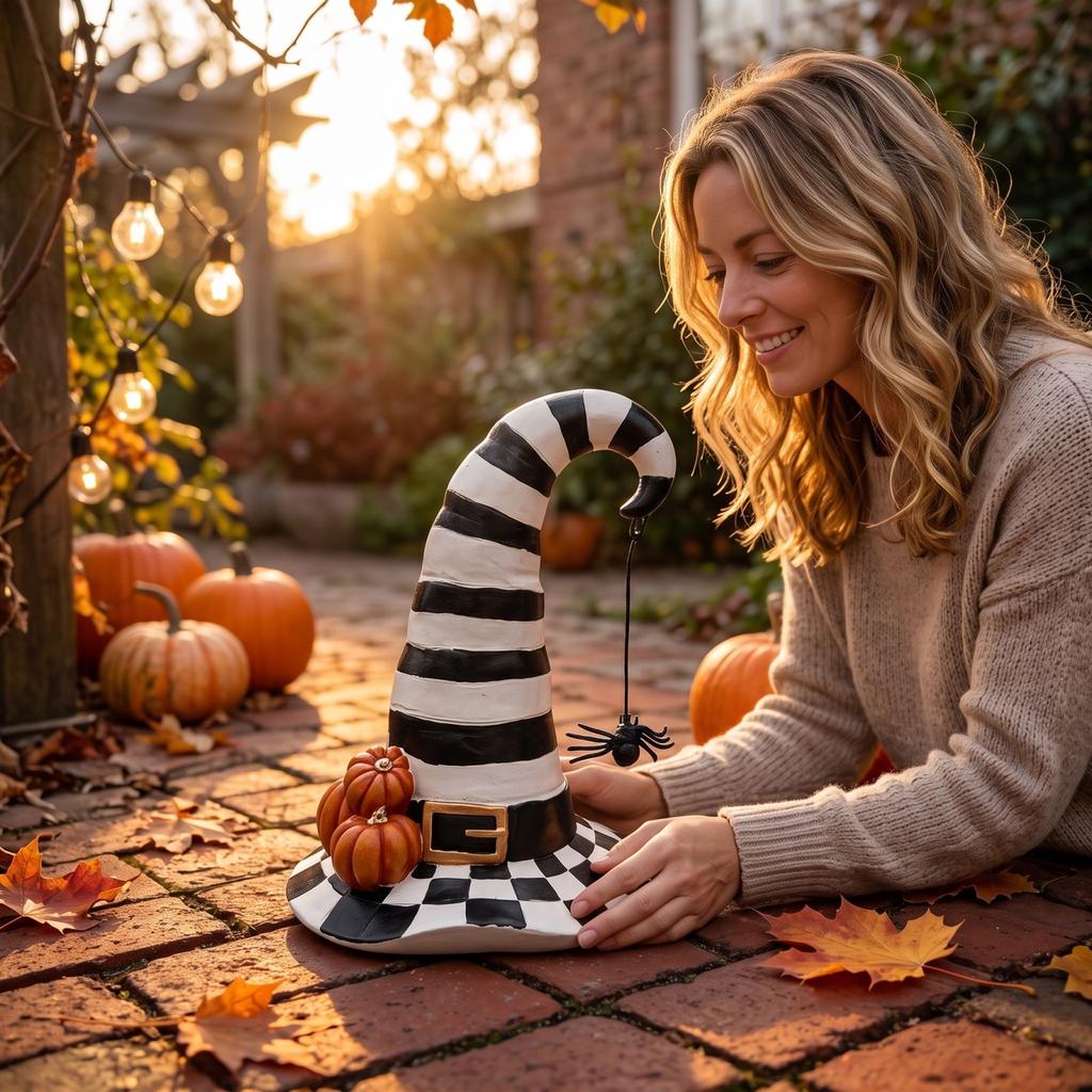 Halloween Witch Hat Outdoor Decor, Resin Pumpkin and Yard Ornament for Garden House