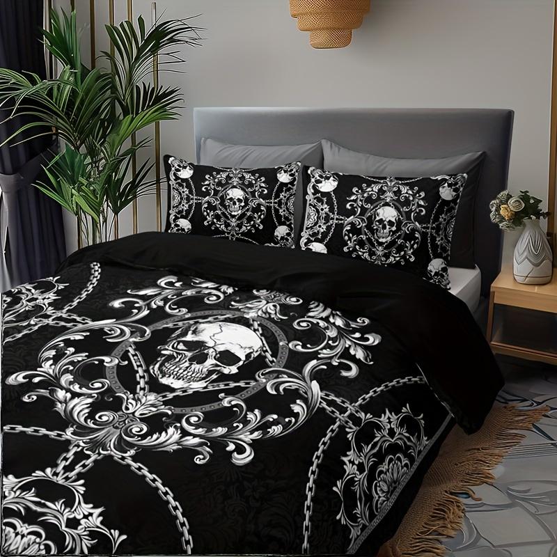 3pcs Breathable Polyester Skull Print Bedding Set - Machine Washable, Includes 1 Duvet Cover & 2 Pillowcases, Perfect for All