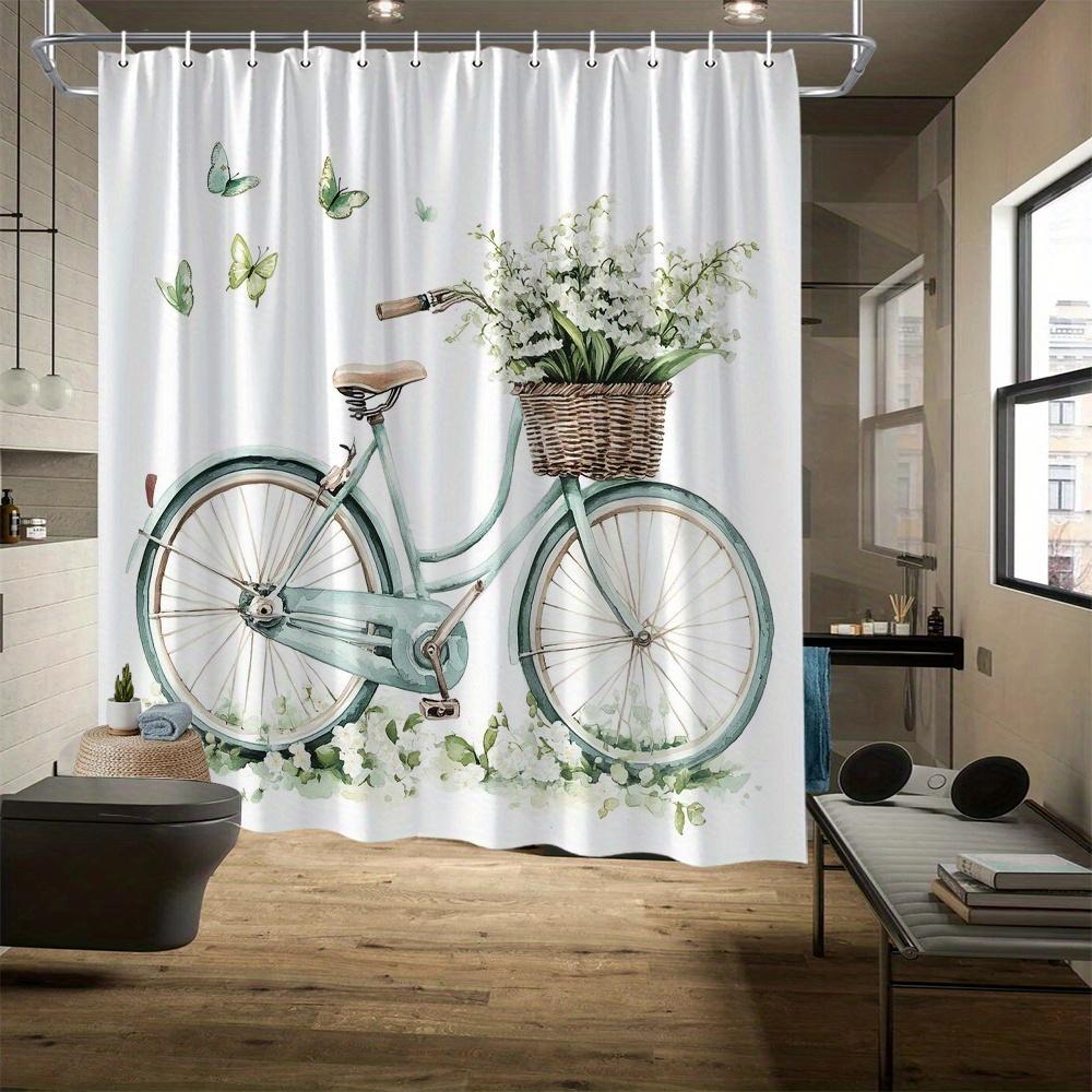 Vintage Bicycle Floral Shower Curtain, Light Turquoise Bike with White Flowers, Polyester, Romantic Bath Decor