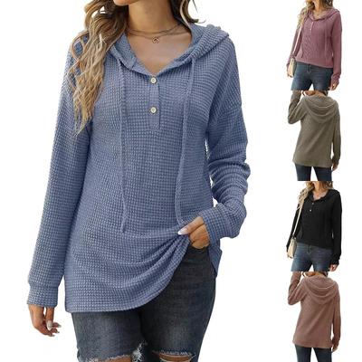 Autumn Winter Women's Loose Sports Knit Sweater, Long Sleeved Button Up Hooded Sweater