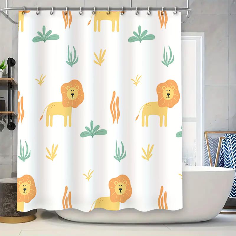 

Lion Print Shower Curtain Set Animal Design Decor For Bathroom, Easy Installation Waterproof Fabric Green Plant And Orange Lion W60H190(CM)-1 Pcs