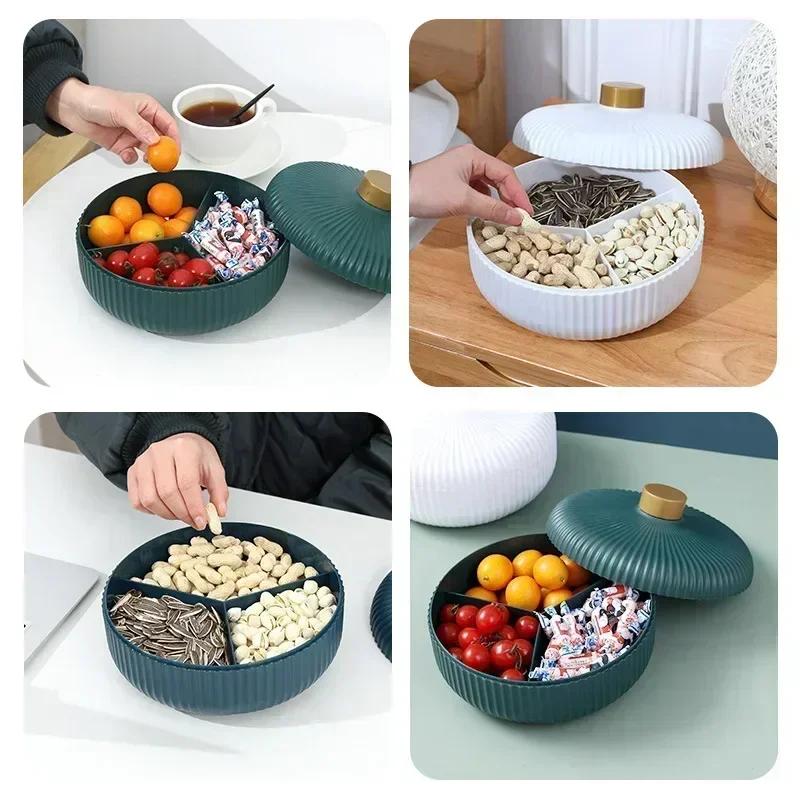 Portable Household Small Fruit Plate Grid Nuts Plate New Year Candy Dish Plastic Dried Fruits Snack Tray Lid Storage Tools