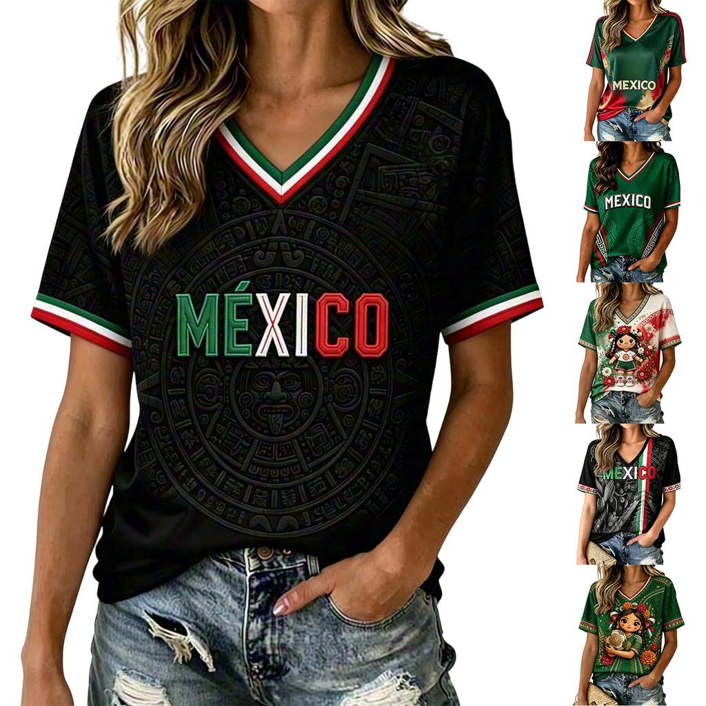 Women's Mexico Inspired V-Neck Short Sleeve Printed T-Shirt for Casual Everyday Wear