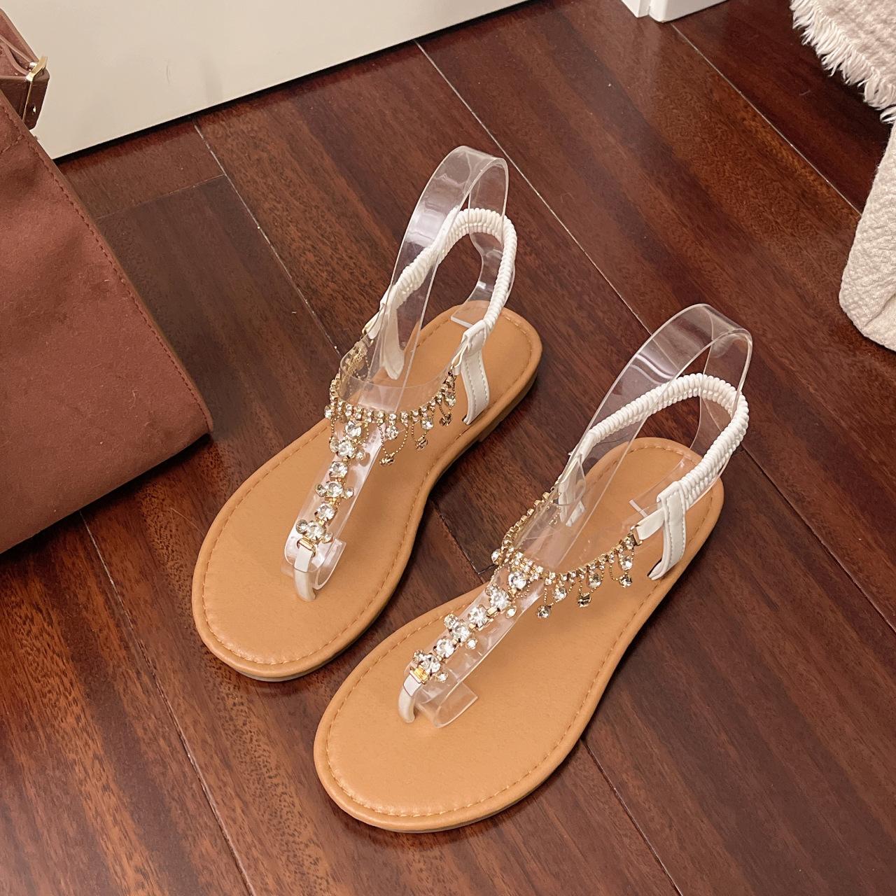 

Large size casual flat toe sandals women s summer 2025 new Korean version elastic foot cover rhinestone beach sandals 42 белый