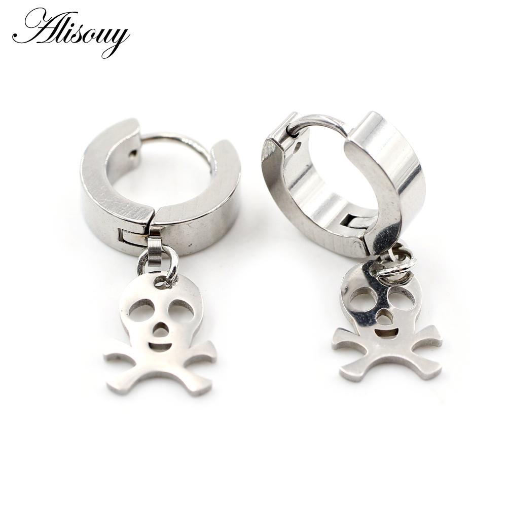 Alisouy 2PCS Stainless Steel Star Cross Snake Spike Skull Sword Blade Chain Feather Spider Dangle Women Men Huggie Hoop Earrings