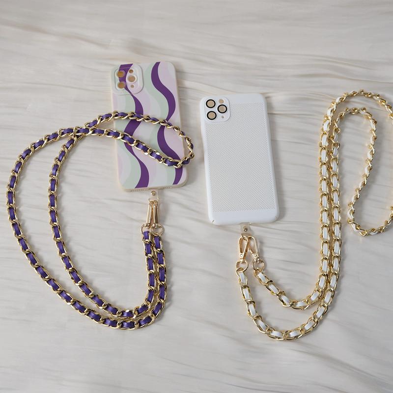 New Phone Accessory Long Cellphone Chain Anti Lost Universal Metal Leather Shoulder Neck Crossbody Phone Strap Case Holder Chain