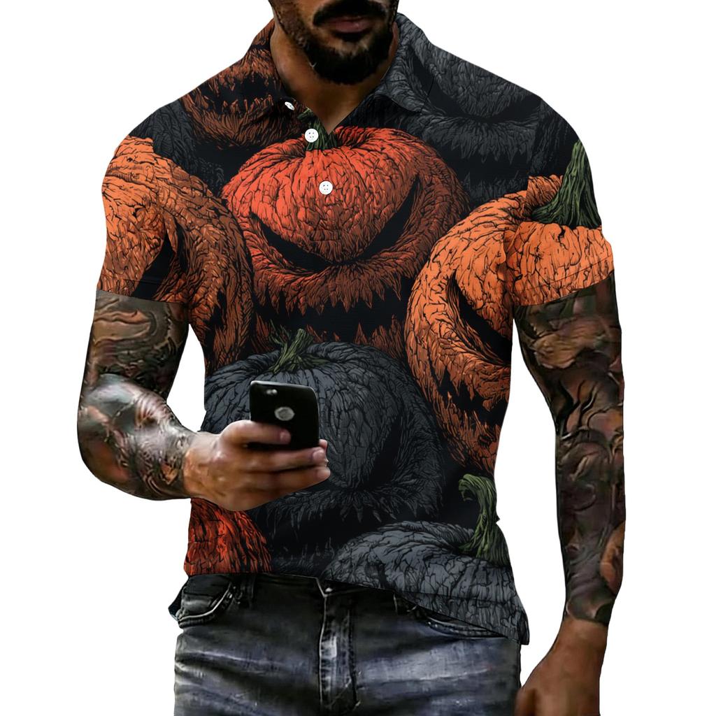 Men's Halloween Print Vintage Texture Short Sleeve Polo Shirt Loose Breathable Summer Sports Street Casual Everyday Top