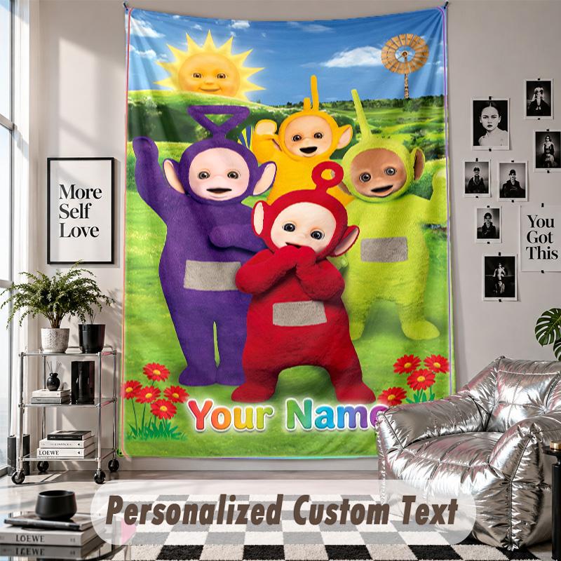 Wall Hanging Tapestry With Custom Name & Text, Teletubbies Decorative Tapestry For Bedroom