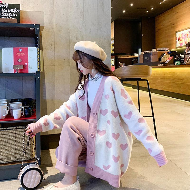 Pulover tricot Palton pentru femei Cardigan jacquard Studentă Mediu Lungă Leneș Preppy Love Knit