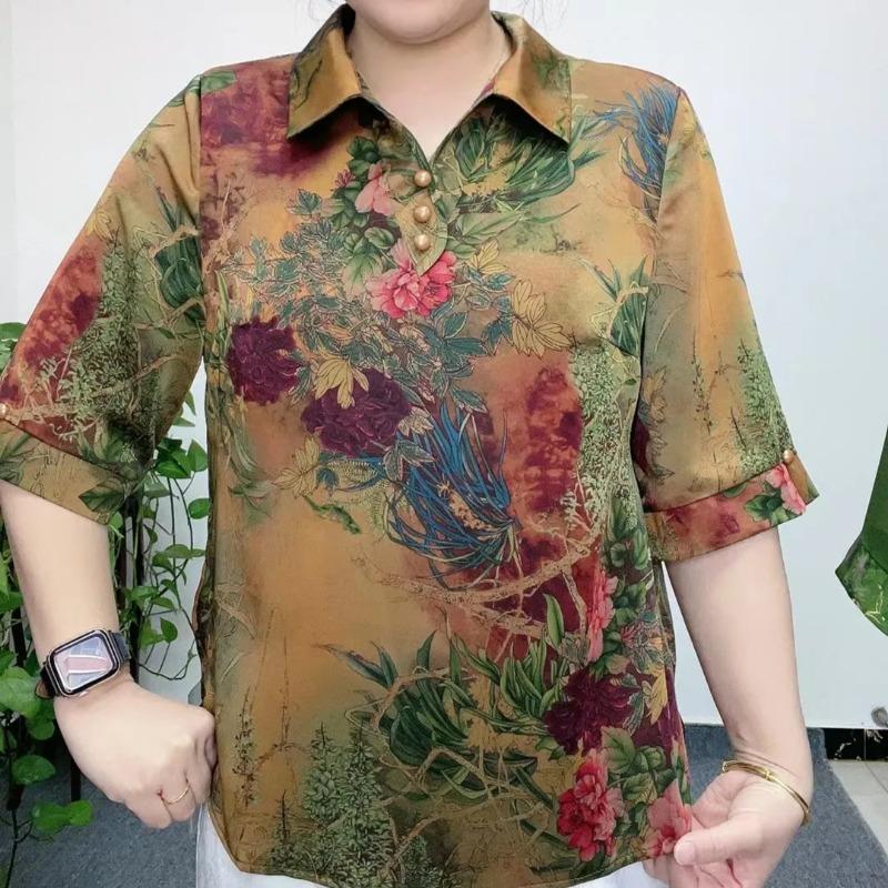 Womens Floral Print Polo Collar Half Sleeve Blouse